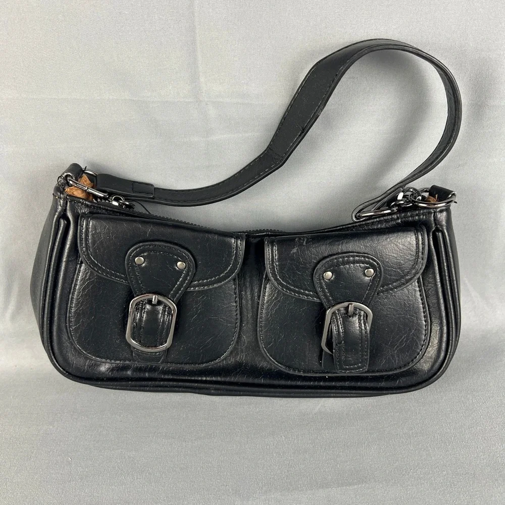 Womens Handbag Black Leather Lined Double Pockets Baguette Shoulder Bag Fashion